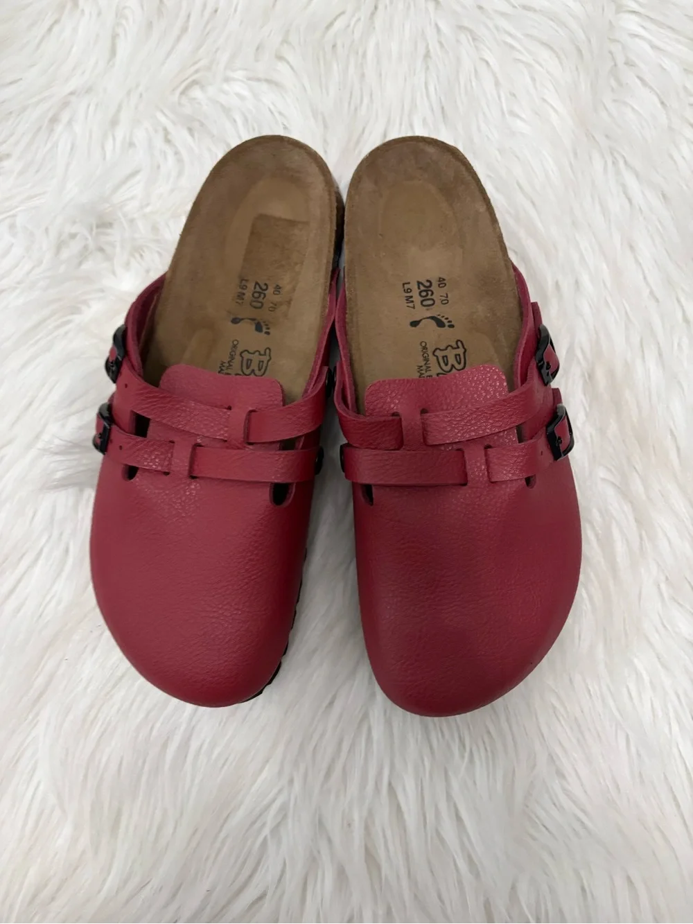 Birki's by Birkenstock Unisex Natural Red Leather Clog Cork Sole Mules